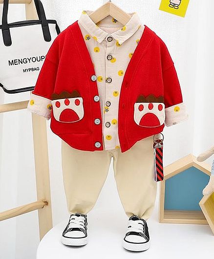 Kookie Kids Full Sleeves Shirt With Lounge Pant & Jacket - Red