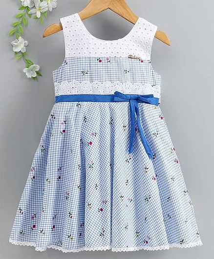 Enfance Core Sleeveless Checkered Schiffli Detailing Dress - Blue