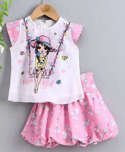 Enfance Cap Sleeves Romantic Girl Print Top With Skirt - Pink