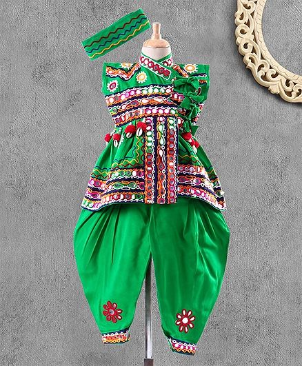 Ridokidz Sleeveless Mirror Work Tassel Detailed Kedia Set With Headband - Green