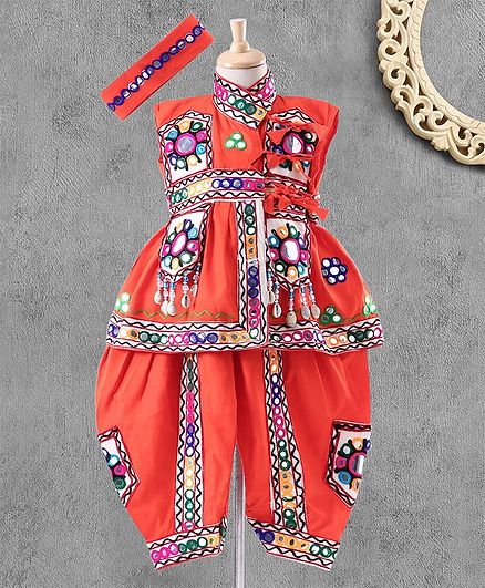Ridokidz Sleeveless Mirror Work Floral Design Kedia Set With Headband - Orange