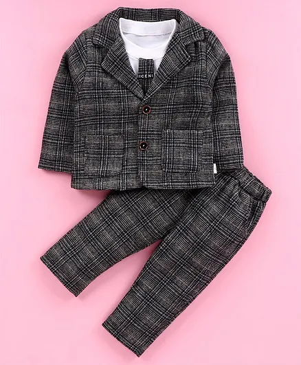 Kookie Kids 3 Piece Full Sleeves Check Party Suit With Tie - Grey White