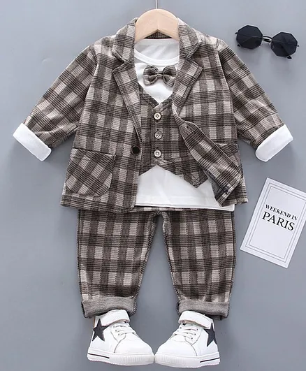 Kookie Kids Full Sleeves 4 Piece Checks Party Suit - Brown White