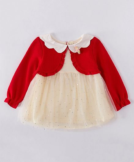 Kookie Kids Full Sleeves Frock with Mock Shrug - Red