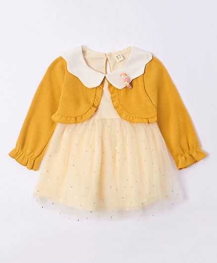 Kookie Kids Full Sleeves Frock with Mock Shrug - Yellow