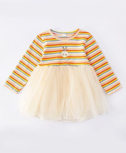 Kookie Kids Full Sleeves Striped Frock - Orange