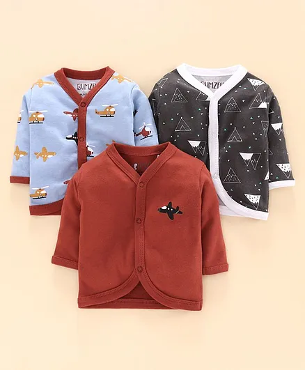 Bumzee Full Sleeves Helicopter & Hilly Region Print Pack Of Three Vests - Red Grey Blue