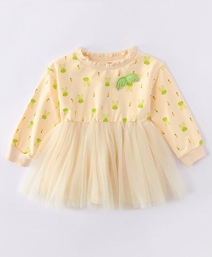Kookie Kids Peasant Sleeves Frock Bunny Print - Cream Green