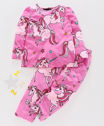 Pspeaches Full Sleeves Unicorn Print Night Suit - Pink