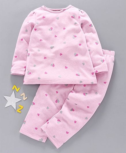 Pspeaches Full Sleeves Heart Print Night Suit - Pink