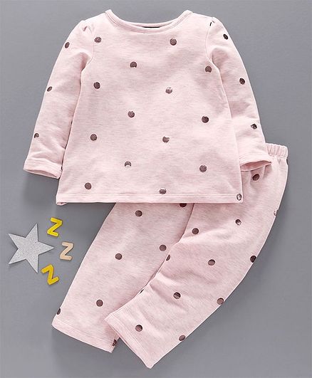 Pspeaches Full Sleeves Polka Dot Print Night Suit - Light Pink