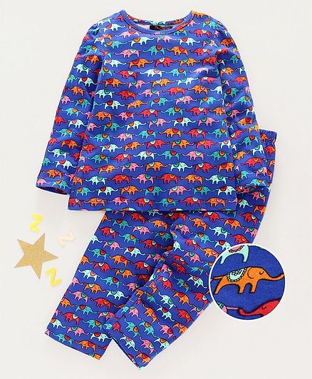 Pspeaches Full Sleeves Elephants Print Night Suit - Blue