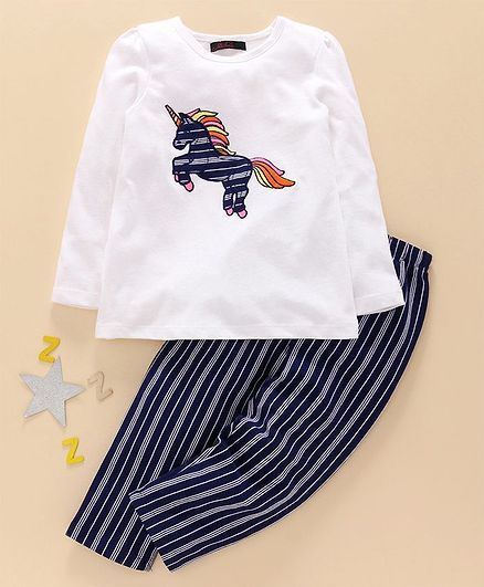 Pspeaches Full Sleeves Horse Print Night Suit - White Blue