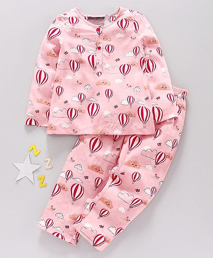 Pspeaches Full Sleeves Hot Air Balloon Print Night Suit - Pink