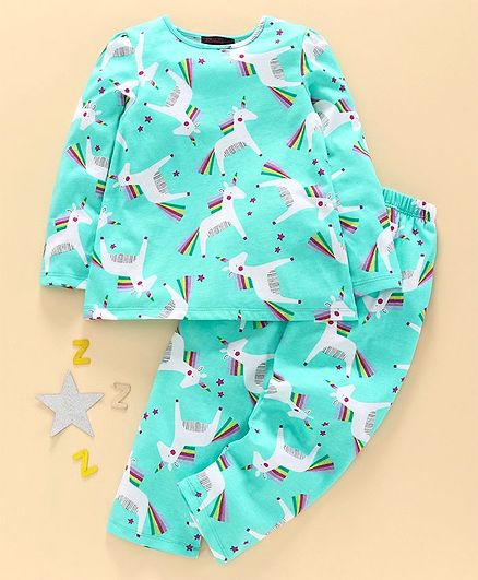 Pspeaches Full Sleeves Unicorn Print Night Suit - Green