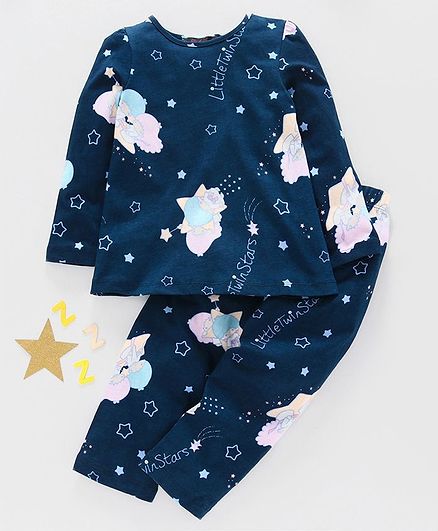 Pspeaches Full Sleeves Cloudy Day Night Time Print Night Suit - Blue