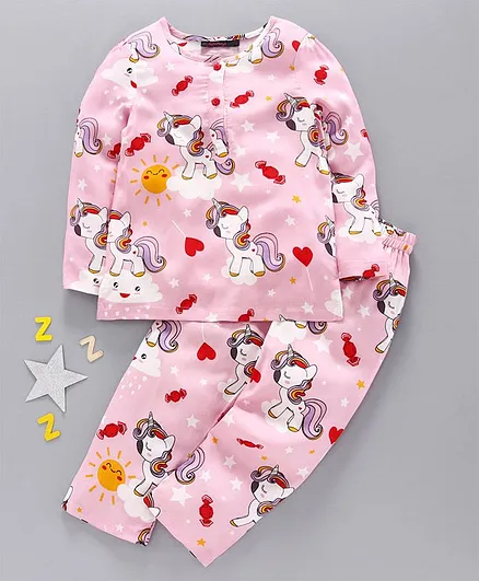Pspeaches Full Sleeves Unicorn Print Night Suit - Pink