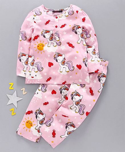 Pspeaches Full Sleeves Unicorn Print Night Suit - Pink