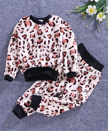 M'Andy Full Sleeves Leopard Printed Night Suit - Beige & Brown