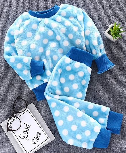 M'andy Polka Dot Design Full Sleeves Night Suit - Blue