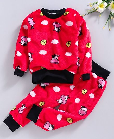 M'Andy Ful Sleeves Cow Face Printed Night Suit - Red