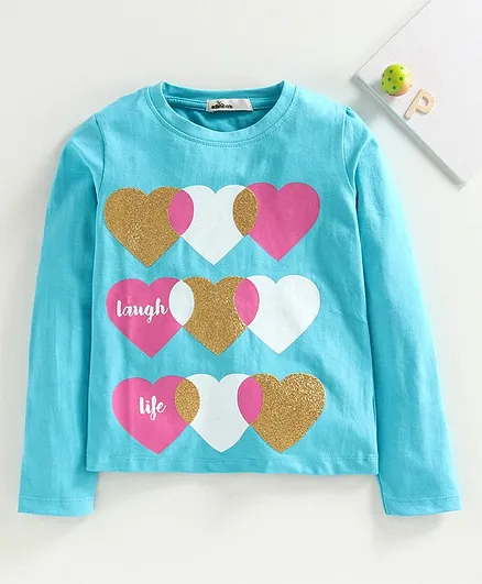 Adams Kids Full Sleeves Glittery Heart Printed Tee - Sky Blue