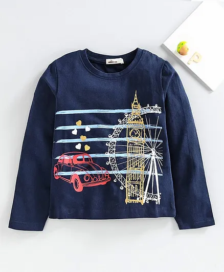 Adams Kids Full Sleeves Car Printed Tee - Navy Blue