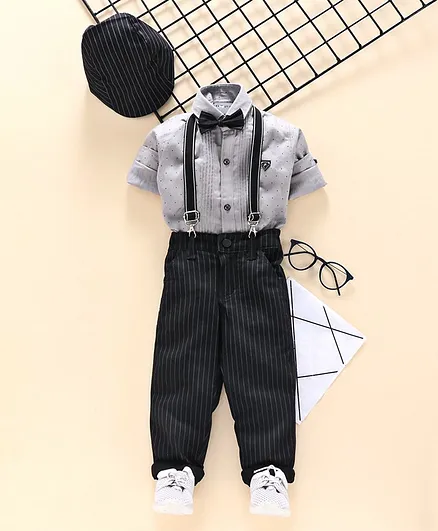 Dapper Dudes Dot Printed Full Sleeves Shirt With Bow & Striped Suspender Bottom & Cap Set - Black