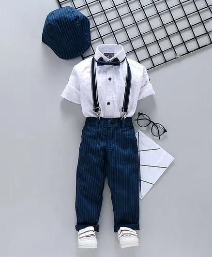 Dapper Dudes Dot Printed Full Sleeves Shirt With Bow & Striped Suspender Bottom & Cap Set - Blue