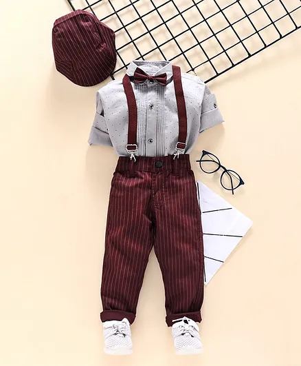 Dapper Dudes Dot Printed Full Sleeves Shirt With Bow & Striped Suspender Bottom & Cap Set - Maroon