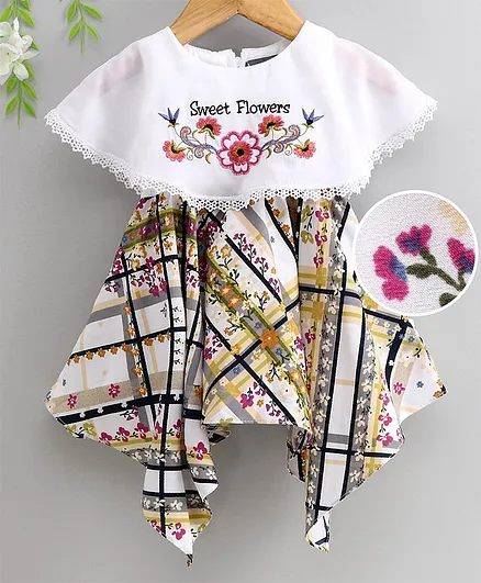 Enfance Core Half Sleeves Flower Printed Asymmetrical Dress - Blue