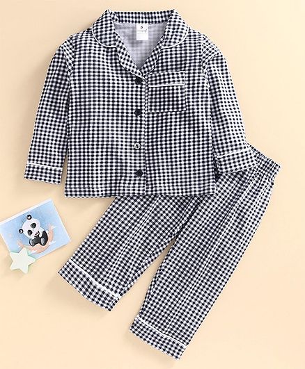 Ollypop Full Sleeves Checked Night Suit - Navy Blue