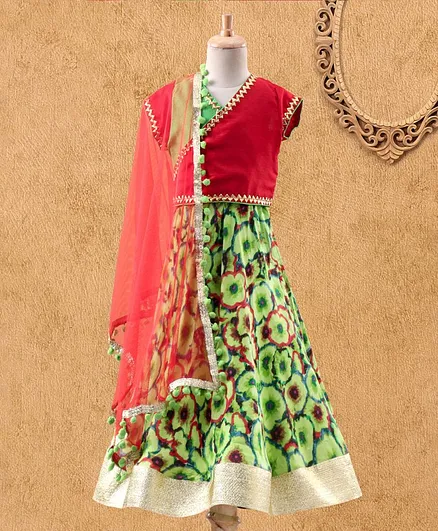 Kids Chakra Short Sleeves Gotta Patti Work Choli With Flared Flower Print Lehenga & Dupatta - Red Green