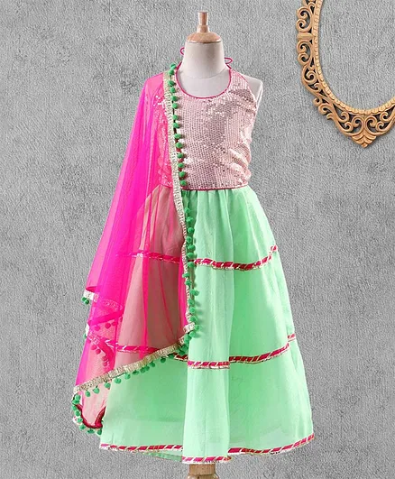 Kids Chakra Sequined Sleeveless Choli With Lehenga & Dupatta - Green