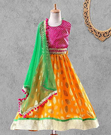 Kids Chakra Sleeveless Polka Dot Choli With Peacock Foil Print Lehenga & Dupatta - Orange
