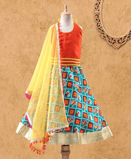 Kids Chakra Sleeveless Halter Neck Choli With Rajasthani Print Lehenga & Dupatta - Orange