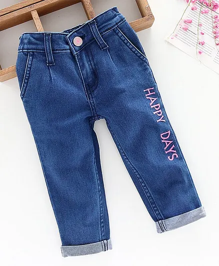 Babyhug Full Length Jeans Happy Days Embroidered - Blue