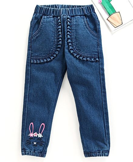 Babyhug Full Length Jeans Bunny Embroidery - Blue
