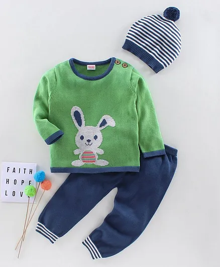 Babyhug Full Sleeves Sweater Set with Cap Bunny Embroidery - Green