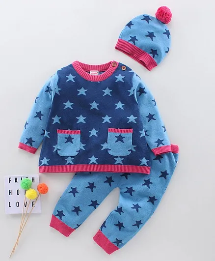 Babyhug Full Sleeves Sweater Set Star Design - Blue