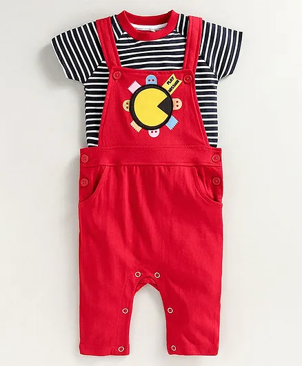 JusCubs Half Sleeves Striped Onesie With Dungaree Style Romper - Red & Black