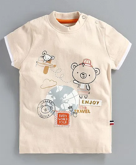 JusCubs Half Sleeves Teddy Bear Printed Tee - Beige