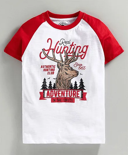 JusCubs Half Sleeves Hunting Adventure Print T-Shirt - White & Red