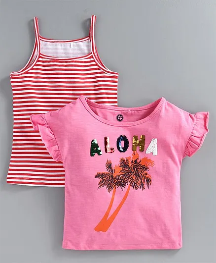 JusCubs Pack Of 2 Short Sleeves Aloha Sequined Top With Spaghetti - Pink