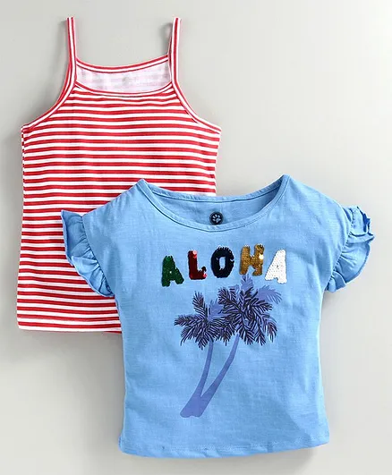 JusCubs Pack Of 2 Short Sleeves Aloha Sequined Top With Spaghetti - Blue & Red