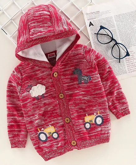 Babyhug Full Sleeves Hooded Sweater Tractor Patch - Red