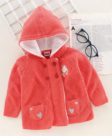 Babyhug Full Sleeves Hooded Sweater Unicorn Embroidery - Coral