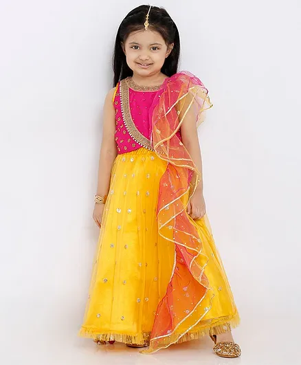 Babyhug Sleeveless Choli & Lehenga With Dupatta Sequin & Studded Detailing - Fuchsia Yellow