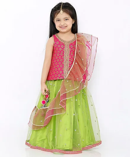 Babyhug Sleeveless Embroidered Choli & Lehenga With Dupatta - Green Pink