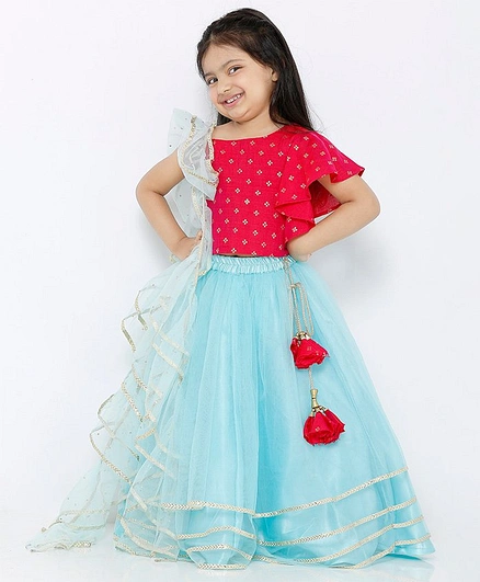 Babyhug Lehenga Choli with Sequins & Net Ruffle Dupatta - Pink & Sky Blue